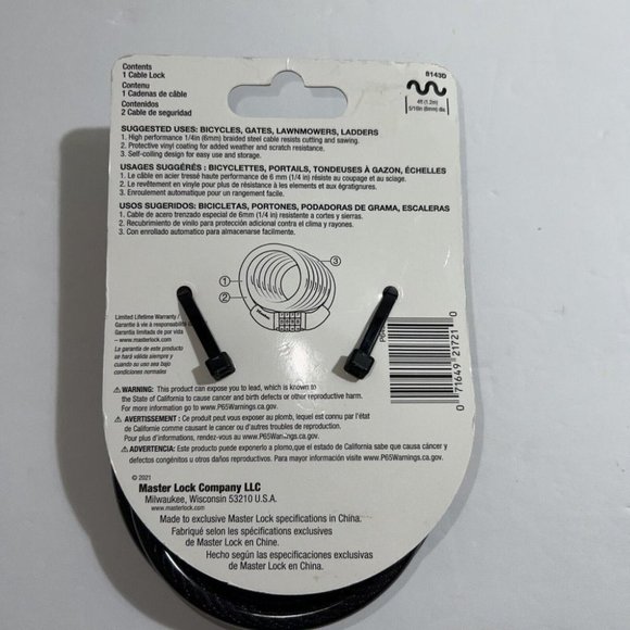 Master Lock 8143D Combination Cable Lock 4' (1.2m)x5/16" (8mm) Black ~ NEW - Picture 2 of 7